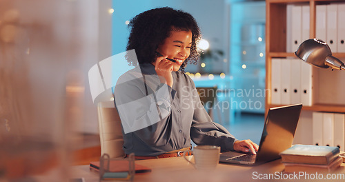 Image of Call center, night and computer of woman, agent or consultant global discussion, tech support or online service. Friendly biracial person or business telecom worker in virtual conversation on laptop