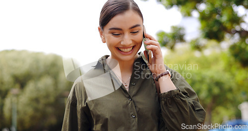 Image of Phone call, laugh and business woman in city for networking, communication and commute. Contact, funny and morning with female in urban town for conversation, connection and relax