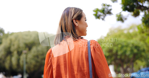 Image of Walking, back and business woman at park for travel, journey and trip to work outdoor in the morning. Pedestrian, walk behind and professional person travelling, entrepreneur commuting and stroll.