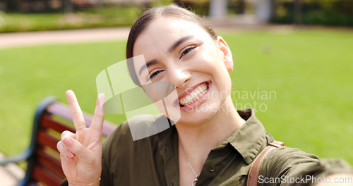 Image of Selfie, hand gesture and face of woman at park taking pictures for social media with happy influencer. Portrait, profile picture and funny person outdoor take pov photo for thumbs up and peace sign.