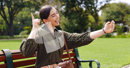 Image of Woman, kiss selfie , blog post or video call on urban adventure with internet. Girl, metro and freedom with photography, profile picture and influencer on social media app