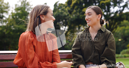 Image of Friends, women and laughing at park on bench, bonding and talking together. Girls, outdoor and happiness of people in conversation, comic discussion or comedy and enjoying quality time for friendship