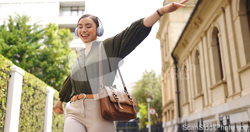 Image of Freedom, celebration and asian woman in a street happy for good news, promotion or new job. Open arms, gratitude and female celebrating beginning, employment and success, winning and thankful