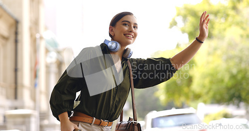 Image of Happy, city and woman calling cab, taxi or public transport while exploring on adventure vacation. Travel, smile and young female person waving for transportation in town on holiday or weekend trip.