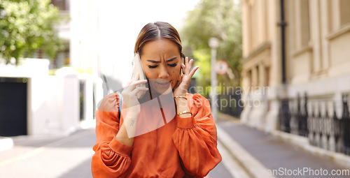 Image of Business women, phone call and smile for conversation, discussion or talk on Urban adventure. happy businesswomen talking on smartphone and losing signal on outdoors