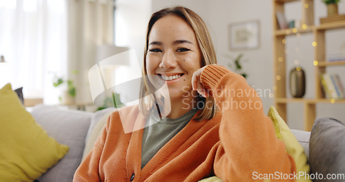 Image of Relax, happy and face of woman on sofa for morning, break and smile on weekend. Happiness, mindfulness and rest with portrait of female in living rom at home for wellness, carefree and cheerful