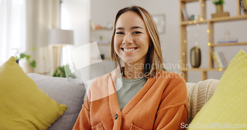 Image of Relax, smile and face of woman on sofa for morning, break and happy on weekend. Happiness, mindfulness and rest with portrait of female in living rom at home for wellness, carefree and cheerful