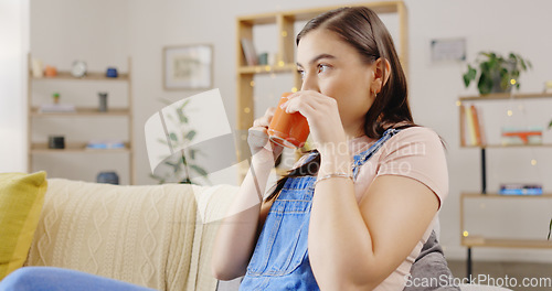 Image of Relax, home and woman on couch, coffee and break for resting, thinking and daydreaming in living room. Female, latte and person with tea, natural aroma and gratitude with happiness, weekend and calm