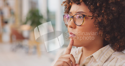 Image of Thinking, woman wondering about a new idea in living room. Contemplating, woman wearing glasses planning a company report.