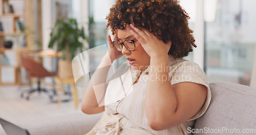 Image of Confused, frustrated and woman with laptop on sofa with glitch, technical error and 404 mistake online. Technology, remote work and female worker upset, angry and stressed working on computer at home