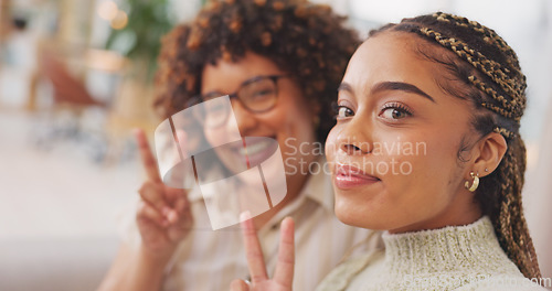 Image of Woman, friends and peace sign for selfie, vlog or profile picture together with facial expression at home. Happy women smiling for photo, memory or funny online social media post in friendship