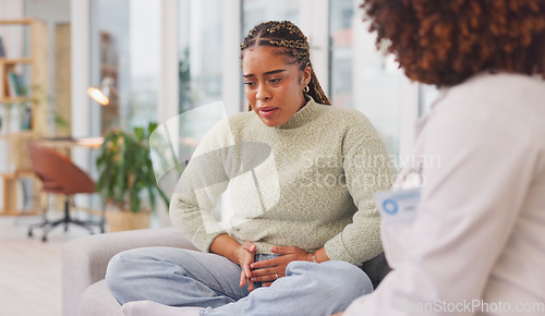 Image of Advice, psychology and mental health with woman on sofa for counseling, depression and therapy. Healthcare, consulting and support with doctor and patient for problem, conversation and rehabilitation