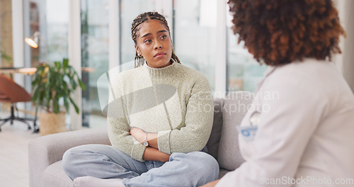 Image of Healthcare, consulting and support with doctor and patient for problem, conversation and rehabilitation. Advice, psychology and mental health with woman on sofa for counseling, depression and therapy