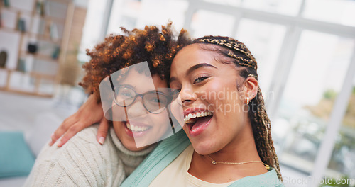 Image of Lesbian couple, face and live streaming on sofa for social media, vlog or blog, happy and smile. Portrait, love and gay female influencer recording for website, podcast or on video call in new house