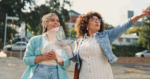 Image of Friends, phone and selfie in a city for travel, fun or day off against an urban background. Women, social media and traveling influencer with photo or profile picture for blog, vlog or sightseeing