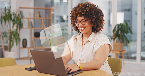 Image of Laptop, happy and woman in the office while working on a corporate project with research. Technology, business and professional female employee planning a company report on computer in the workplace.