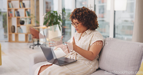 Image of Confused, frustrated and woman with laptop on sofa with glitch, technical error and 404 mistake online. Technology, remote work and female worker upset, angry and stressed working on computer at home