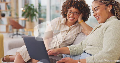 Image of Funny, women and friends with laptop, discussion and happiness in workplace, laughing and success. Female employees, coworkers and consultants with device, technology and humor in office and smile.