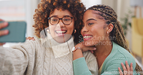 Image of Woman, friends and smile with peace sign for selfie, vlog or profile picture with facial expression on living room sofa at home. Happy women smiling for photo, memory or social media post on couch