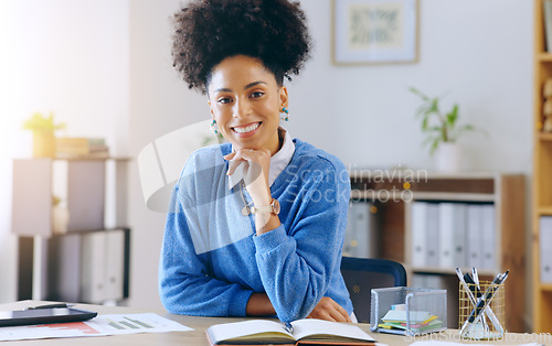 Image of Happy, business and face of woman in office with smile for confidence, success mindset and startup goals. Company, leader and portrait of female entrepreneur at desk for planning, growth and pride