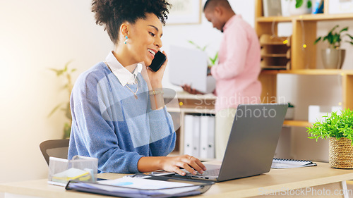 Image of Business, phone call and woman with documents, planning and confirm deadline for administration, project and speaking. Female employee, secretary and consultant with smartphone, talking and paperwork