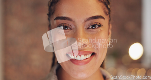 Image of Night, happy and smile with black woman in office for overtime, confidence and professional. Pride, deadline and business with portrait of employee in agency for positive, empowerment and commitment