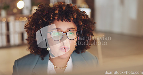 Image of Call center agent, consulting and consultant talking on video call and working at night on customer service. Contact us, telemarketing and friendly woman employee using computer for CRM and support