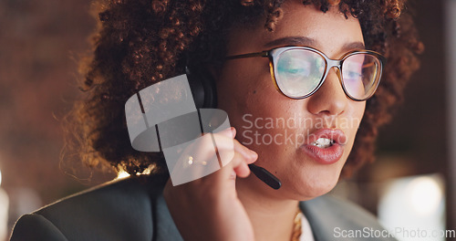 Image of Call center, woman and consultant with telemarketing, talking and connection for customer service. Female agent, lady and operator in workplace, tech support and communication in workplace and help