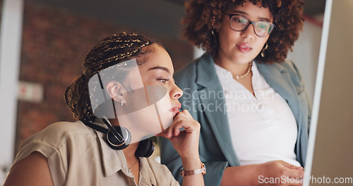 Image of Employees, manager and consultant planning, online system and discussion for new process. Female supervisor, coworkers and agents with teamwork, support and explain data analysis and help in office