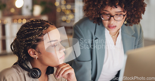 Image of Business, employee and manager help consultant, conversation or explain new system in office. Female supervisor, agent or coworkers in workplace, talking or process with update, support or discussion