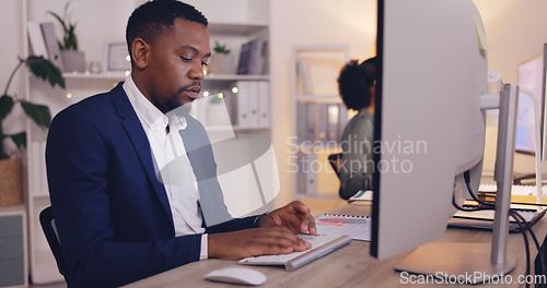 Image of Laptop, office administration and happy black man typing finance report, online banking review or financial accounting. Bookkeeping, budget funding analysis and bank admin working on payroll system