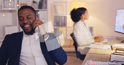 Image of Laugh, night and phone call with black man in office for consulting, networking and communication. Discussion, connection and hello with male in agency for commitment, positive and overtime