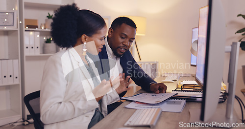 Image of Business, discussion and employees system, corporate training and notes in workplace. African American woman, coworkers and people with development, paperwork for process and explain company rules