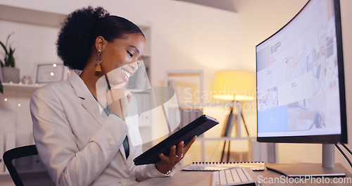 Image of Computer screen, thinking and black woman for business research, analysis or website design review in night office. Serious, focus and professional person with ideas on digital tablet and desktop pc