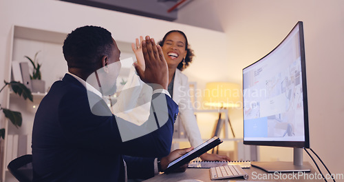 Image of Laptop, excited and happy black man celebrate IPO launch, stock market trading news or financial revenue winner. Achievement, ecommerce cheers or person scream for forex, bitcoin or crypto NFT profit