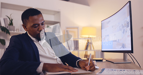 Image of Writing, planning and business black man on computer in office working late for strategy, proposal and schedule. Corporate, focus and male worker at desk write notes for information, research and web