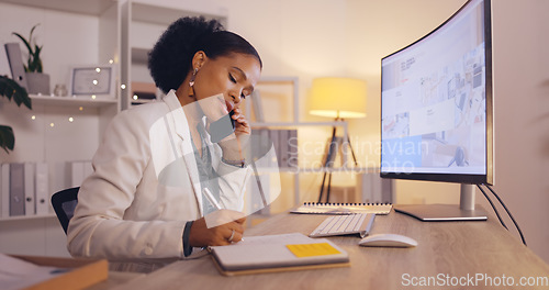 Image of Phone call, planning and business woman talking, helping or support for virtual client, writing notes and strategy at night. Professional worker or african person on cellphone discussion and notebook