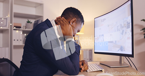 Image of Office problem, neck pain and business black man with medical anatomy injury, emergency crisis or fibromyalgia. Mental health, accounting stress burnout or night accountant with osteoporosis strain