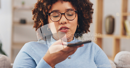 Image of Woman, talking and phone call with loudspeaker in home for voice note, sound and conversation. Young female, mobile and communication with microphone for audio chat, connection and digital recording