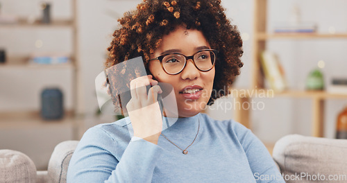 Image of Relax, talking and woman on a phone call on the sofa, communication and answering a mobile. Smile, thinking and a young girl speaking on a cellphone for conversation, connection and happiness at home