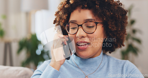 Image of Happy, woman and hello for talking with phone call in living room, communication and networking to chat on sofa. Female person, smartphone and smile for mobile conversation, contact and connection