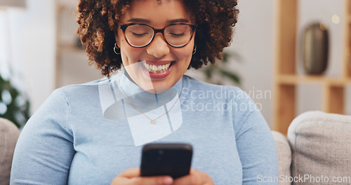 Image of Happy, phone and relax with woman on sofa for social media, internet and text message. Funny, smile and technology with female in living room at home for communication, connection and digital app