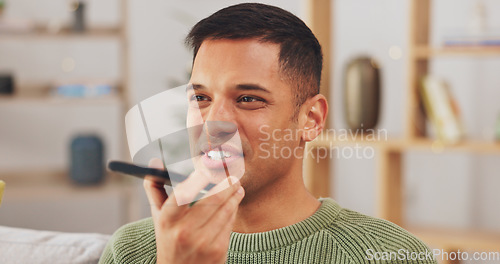 Image of Happy man, talking and phone call with loudspeaker in home for voice note, sound and conversation. Male person, mobile and communication with microphone connection, audio chat and digital recording