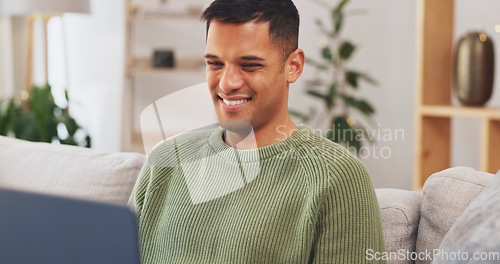 Image of Happy man, laptop and remote work in home, living room sofa and download social media on internet. Male freelancer typing on computer technology, online network and reading blog of elearning website