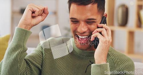 Image of Phone call, celebration and happy man in home for success, lottery and winning competition. Good news, deal and excited guy talking on mobile while cheering for achievement, bonus and lotto winner