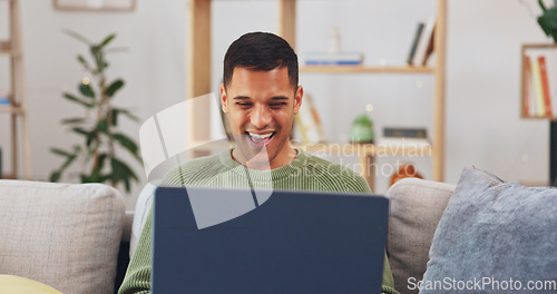 Image of Laptop, celebration and happy man in home for success, lottery and winning competition online. Good news, computer and excited guy cheering for website achievement, applause and lotto prize winner