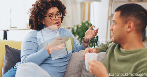 Image of Couple have conversation, communication and relax on living room couch, spending quality time together. Partner, love and respect, people talk and connection with man listening as woman tells story