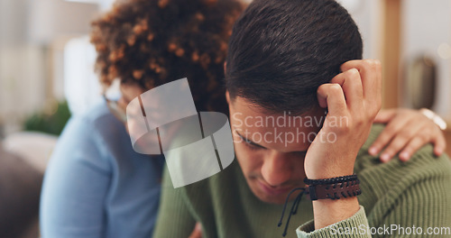 Image of Support, empathy and care with sad couple at home, woman comforting depressed man in living room. Grief, loss and mental health problem with depression, stress and people in relationship in crisis