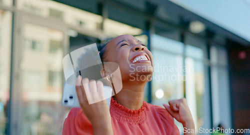 Image of Phone call, surprise and excited black woman celebrate for good news, achievement or winning worldwide competition. Wow, winner celebration abd urban city person happy for success, bonus or 5g reward