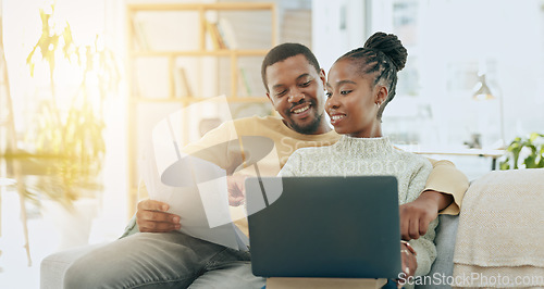Image of Black couple, home laptop and web banking of young people planning savings and investment info. Happiness, smile and digital investing and insurance plan of a woman and man on a living room sofa